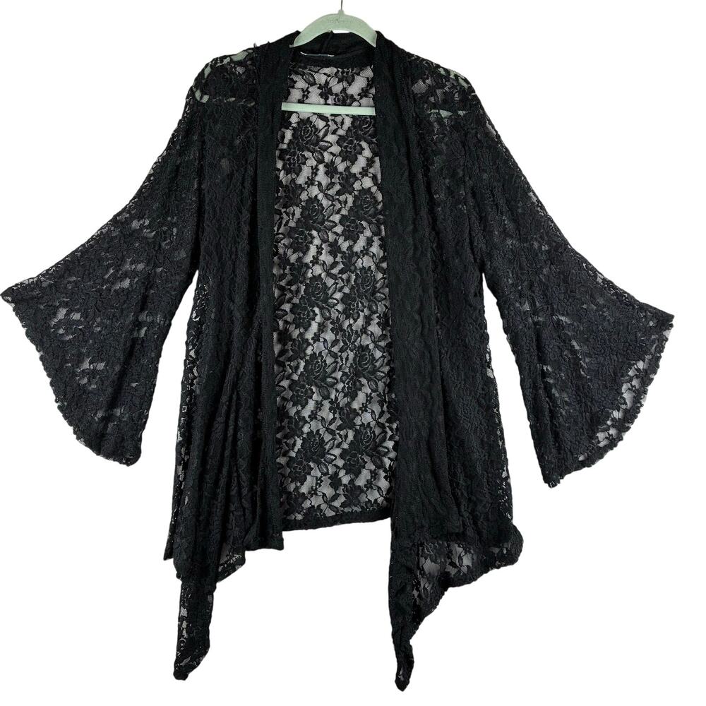 Black Lace Open Front Kimono Cardigan Women XL-2X Bell Slv Romantic Goth Stretch